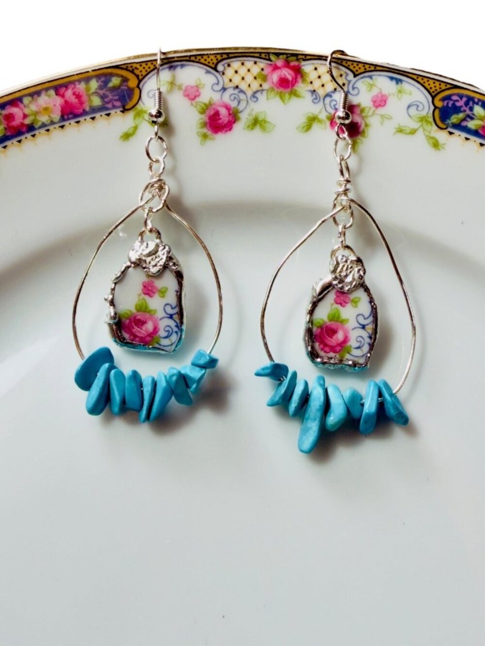 Bavaria Franklin 4177 Rose China Earrings - Genuine Turquoise Accents handmade - Picture 6 of 11